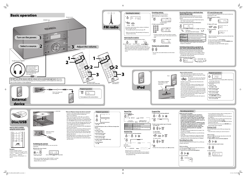 Basic operation, External device, Playback operation | Fm radio, Searching for stations, Improving the reception, Presetting stations, Tuning in to a preset station, Pty search (europe only), Ipod | JVC LVT2130-002B User Manual | Page 2 / 2