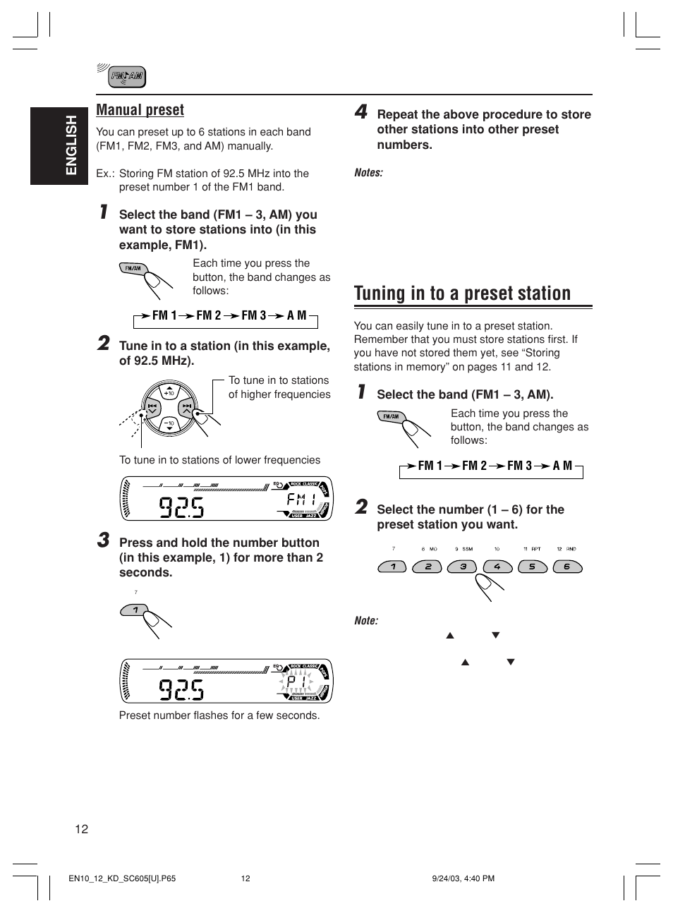 Tuning in to a preset station, Manual preset | JVC GET0188-001A User Manual | Page 12 / 47