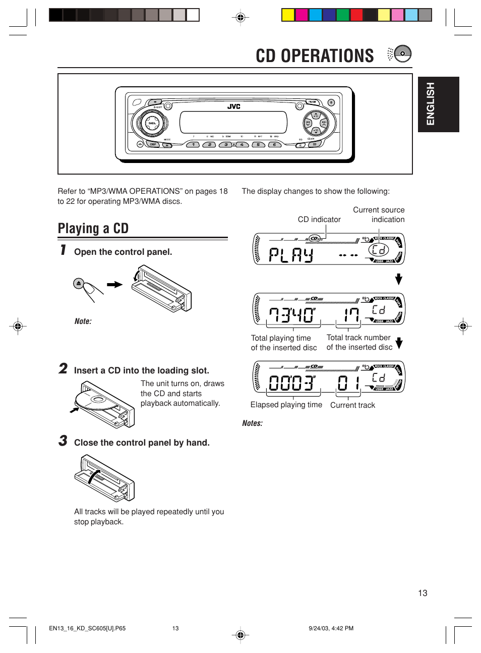 Cd operations, Playing a cd 1 | JVC GET0188-001A User Manual | Page 13 / 47