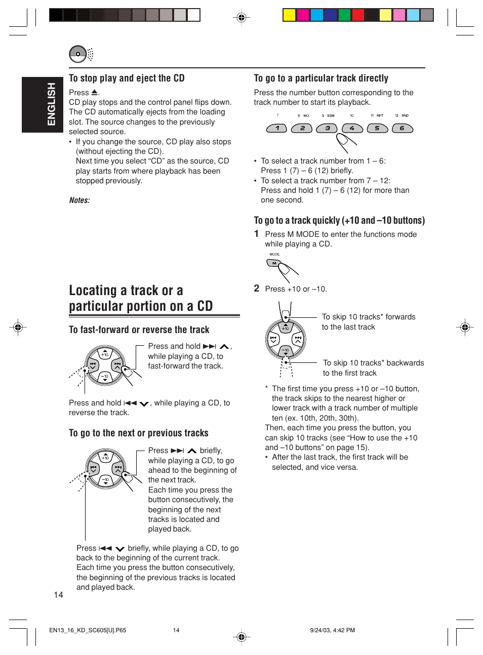 Locating a track or a particular portion on a cd, English to go to a particular track directly | JVC GET0188-001A User Manual | Page 14 / 47