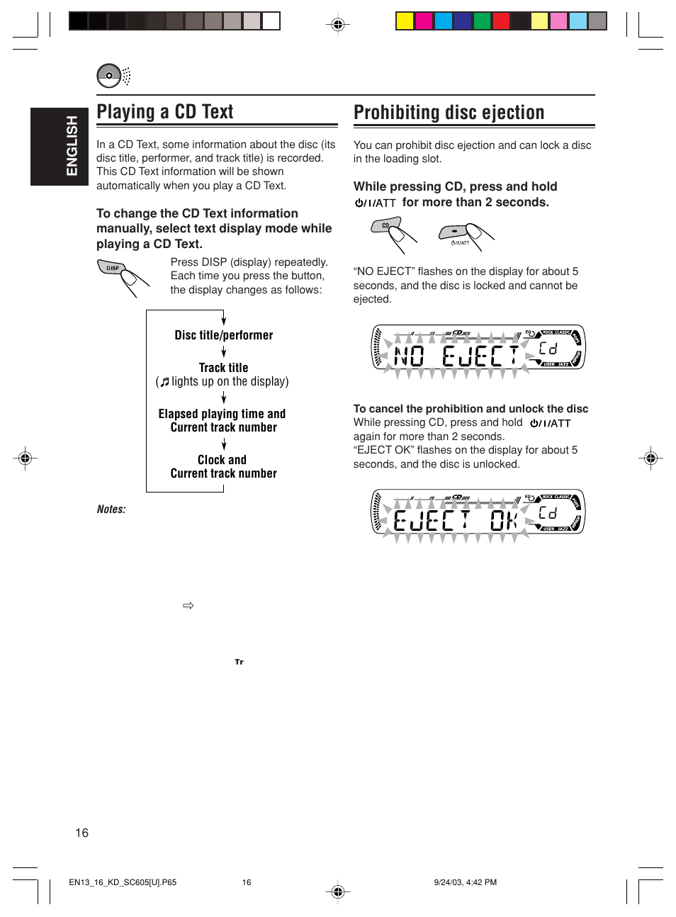 Prohibiting disc ejection, Playing a cd text | JVC GET0188-001A User Manual | Page 16 / 47