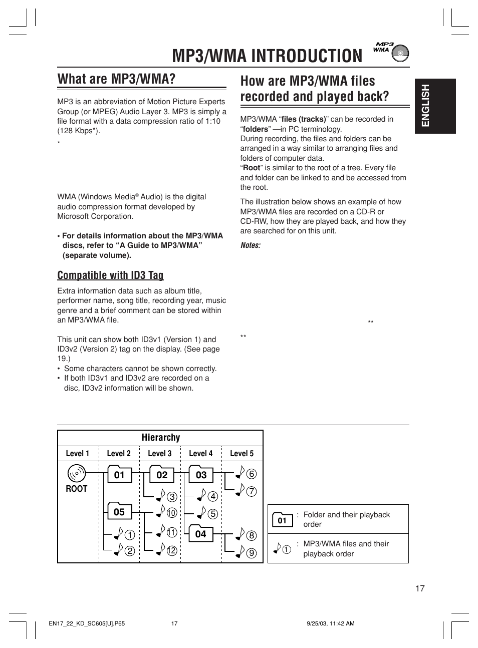 Mp3/wma introduction, How are mp3/wma files recorded and played back, What are mp3/wma | Compatible with id3 tag | JVC GET0188-001A User Manual | Page 17 / 47