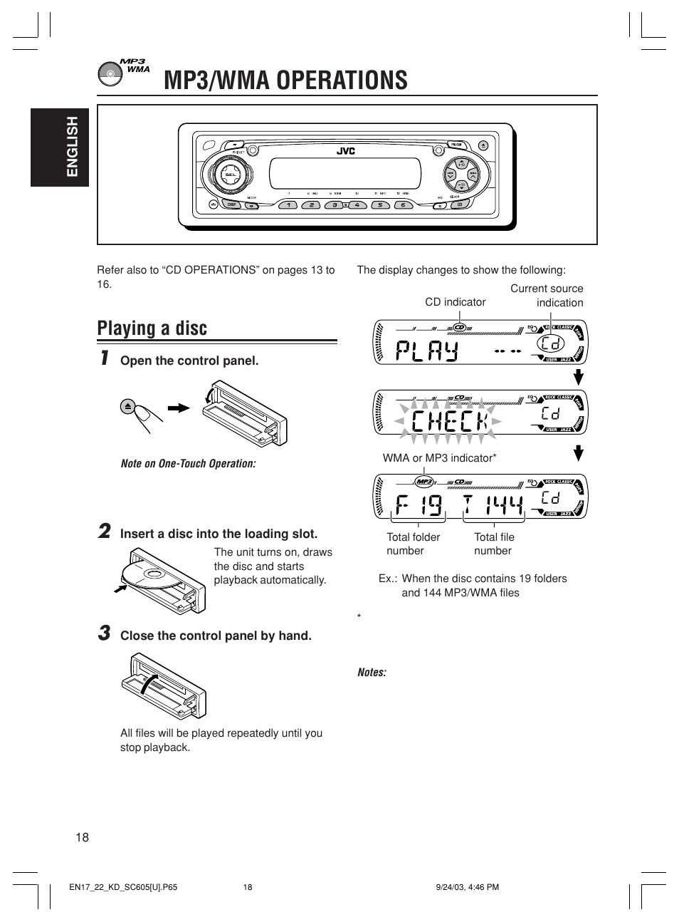 Mp3/wma operations, Playing a disc 1 | JVC GET0188-001A User Manual | Page 18 / 47