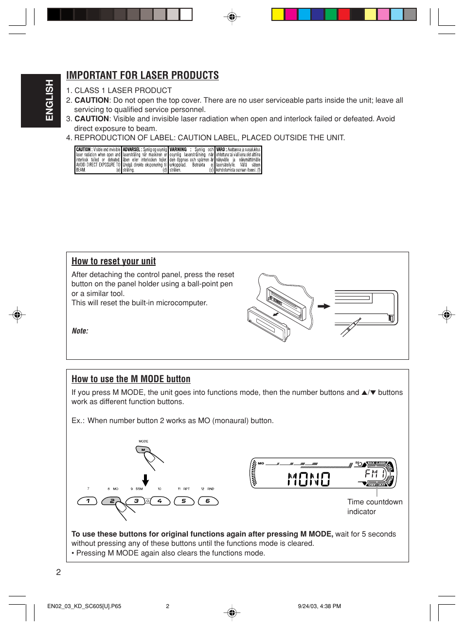 Important for laser products, English, How to reset your unit | How to use the m mode button | JVC GET0188-001A User Manual | Page 2 / 47