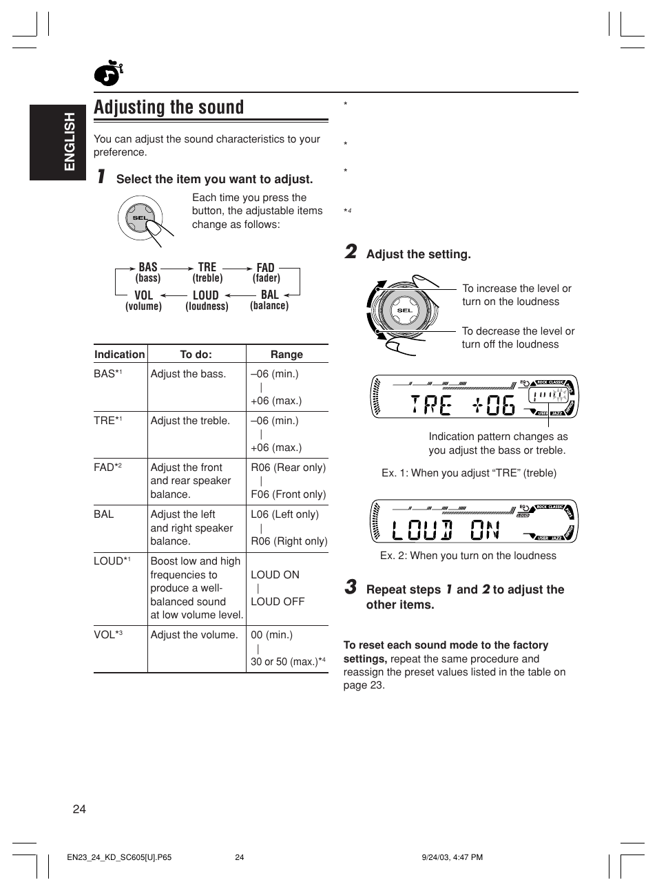 Adjusting the sound, English | JVC GET0188-001A User Manual | Page 24 / 47