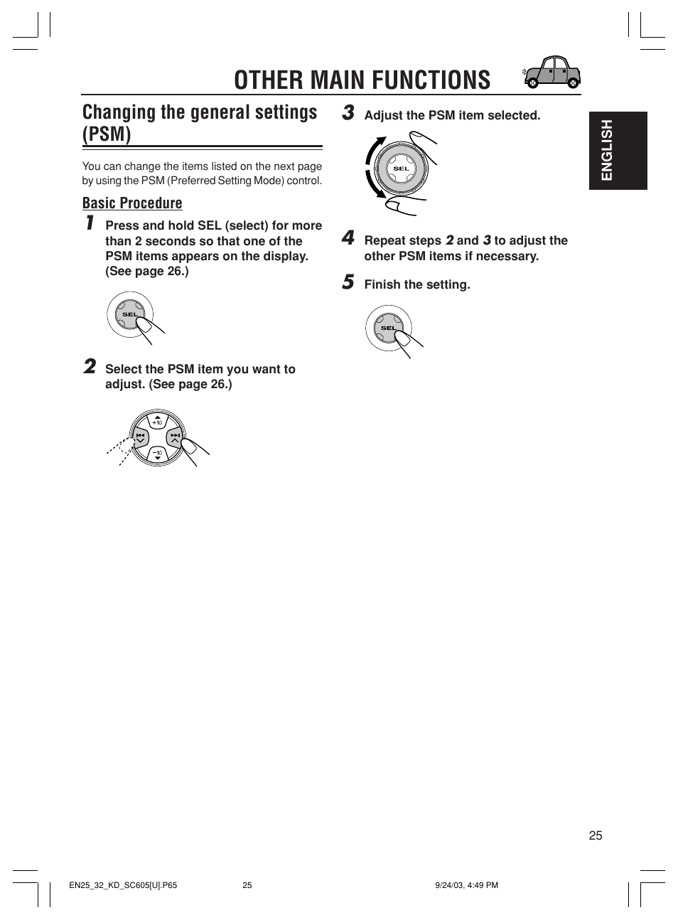 Other main functions, Changing the general settings (psm) | JVC GET0188-001A User Manual | Page 25 / 47