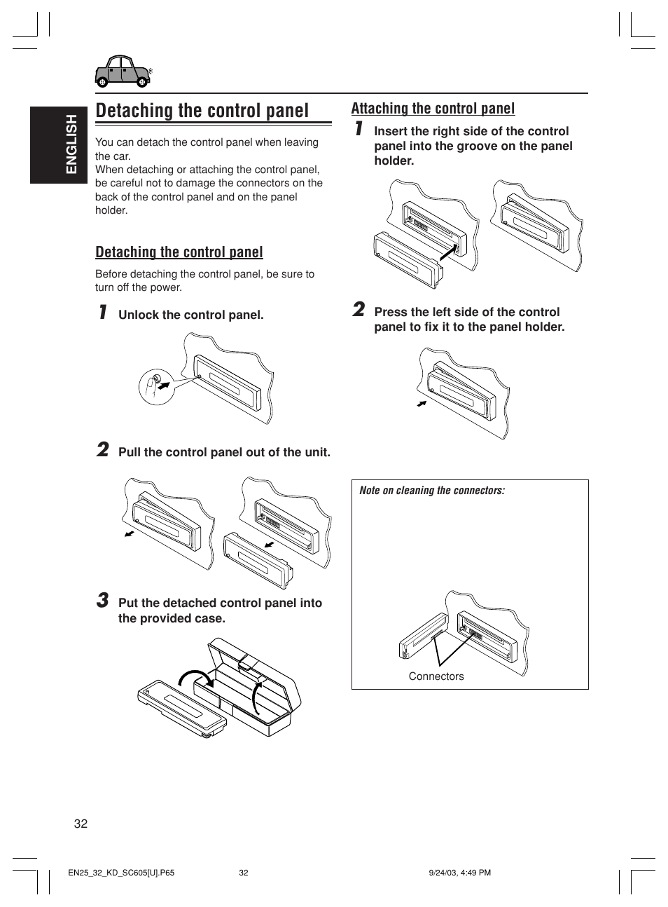 Detaching the control panel | JVC GET0188-001A User Manual | Page 32 / 47