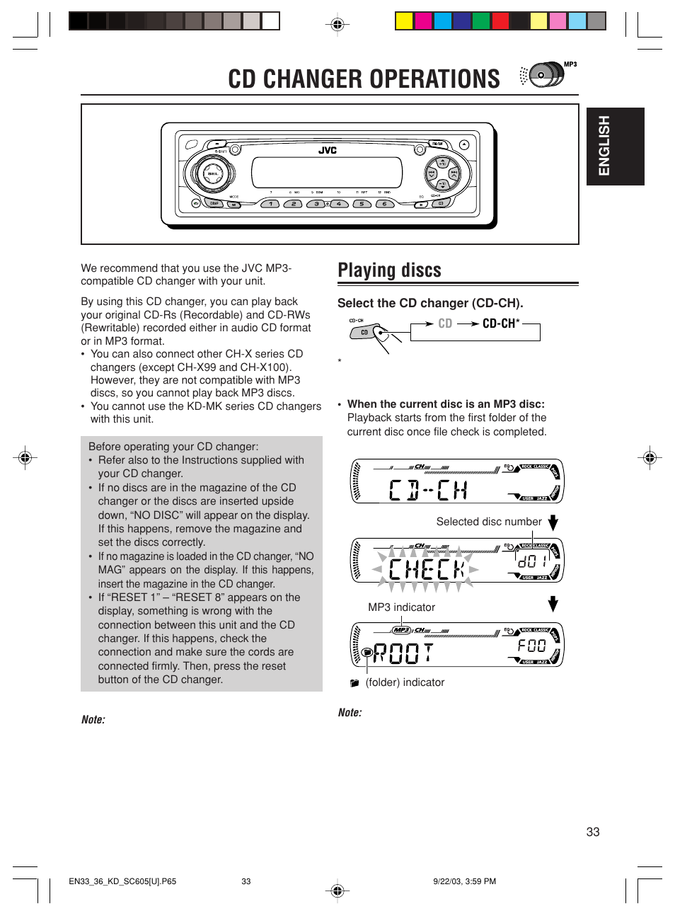 Cd changer operations, Playing discs | JVC GET0188-001A User Manual | Page 33 / 47