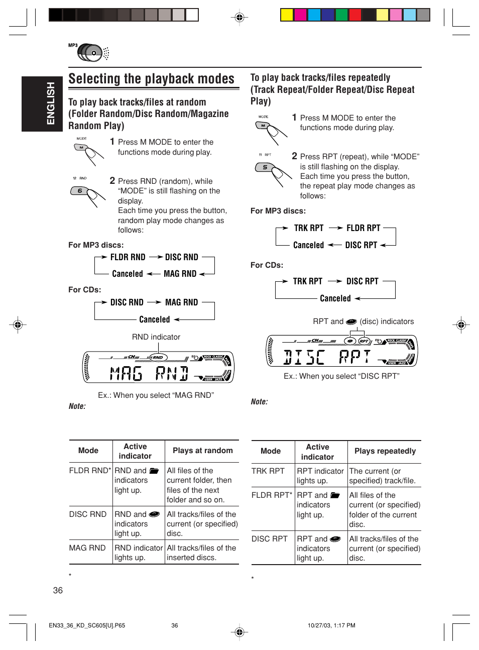 Selecting the playback modes | JVC GET0188-001A User Manual | Page 36 / 47