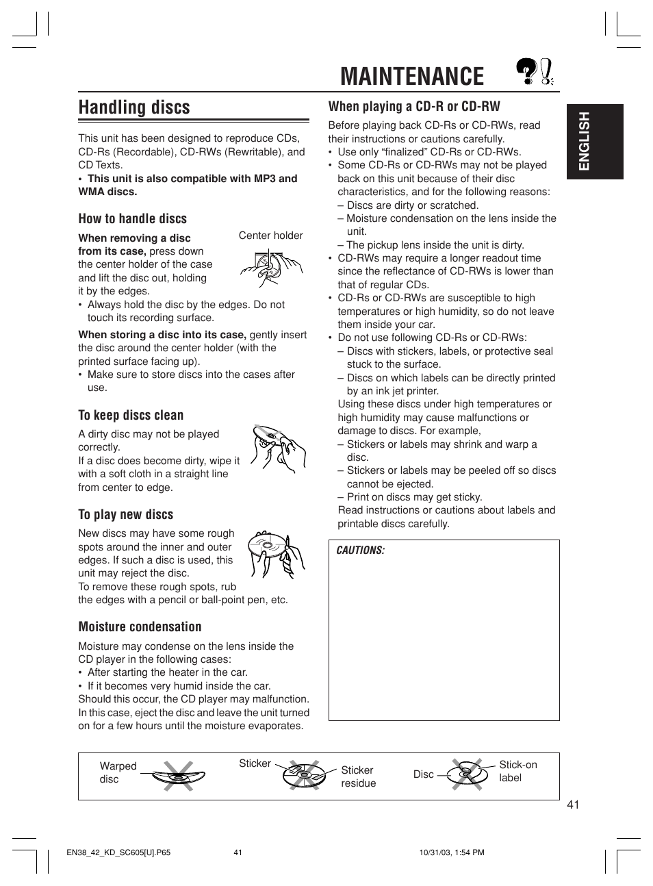 Maintenance, Handling discs | JVC GET0188-001A User Manual | Page 41 / 47