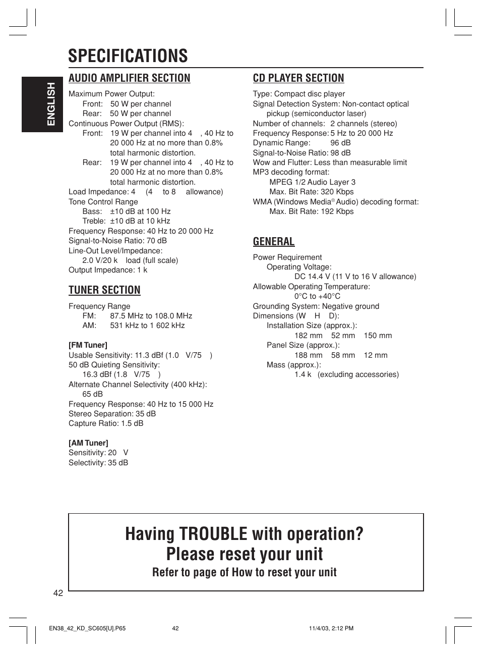 Specifications, Refer to page of how to reset your unit, General | JVC GET0188-001A User Manual | Page 42 / 47