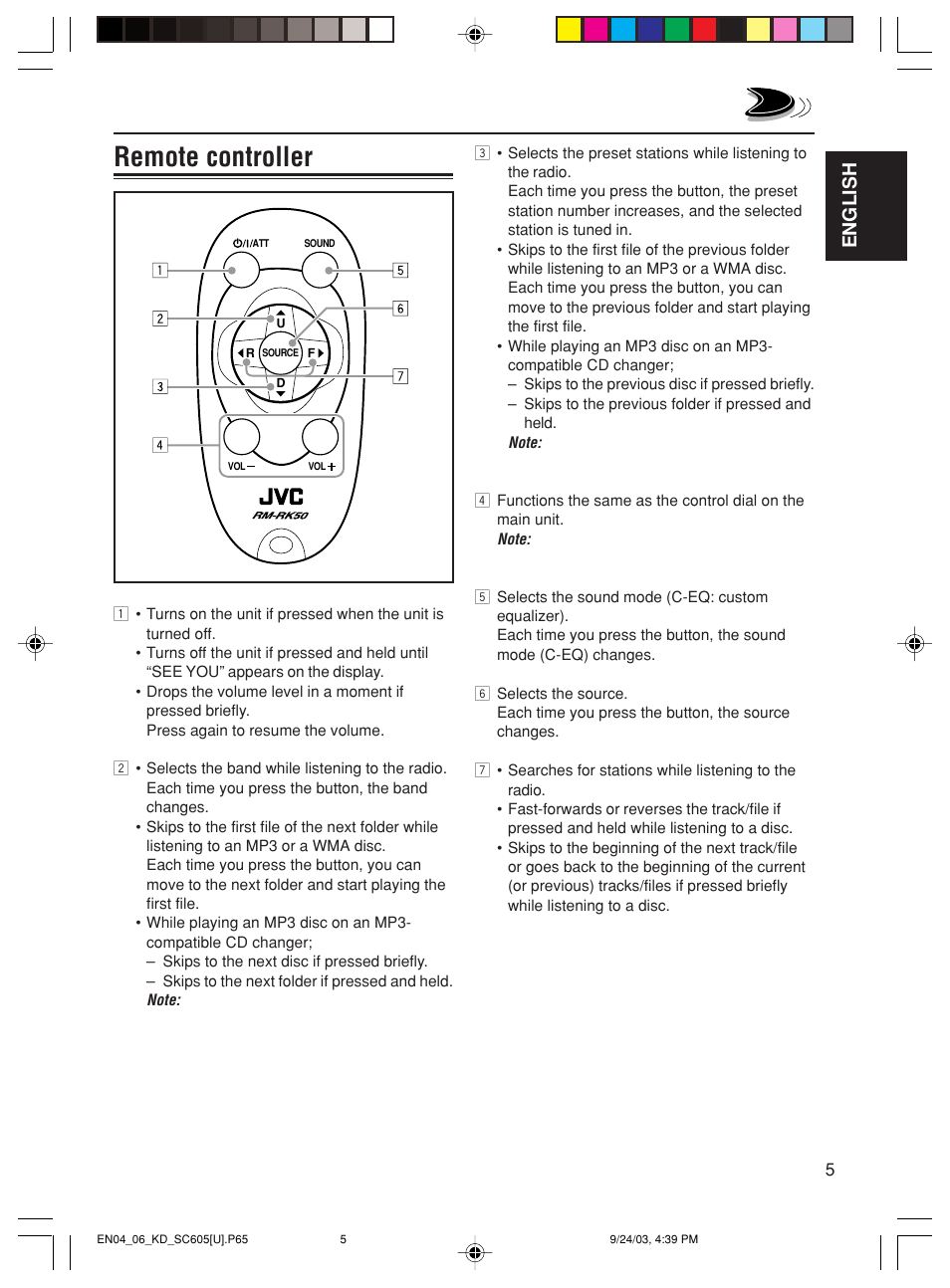 Remote controller, English | JVC GET0188-001A User Manual | Page 5 / 47