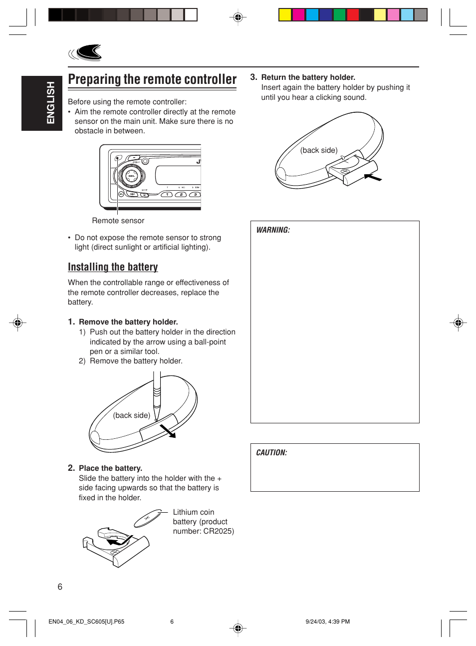 Preparing the remote controller, Installing the battery, English | JVC GET0188-001A User Manual | Page 6 / 47