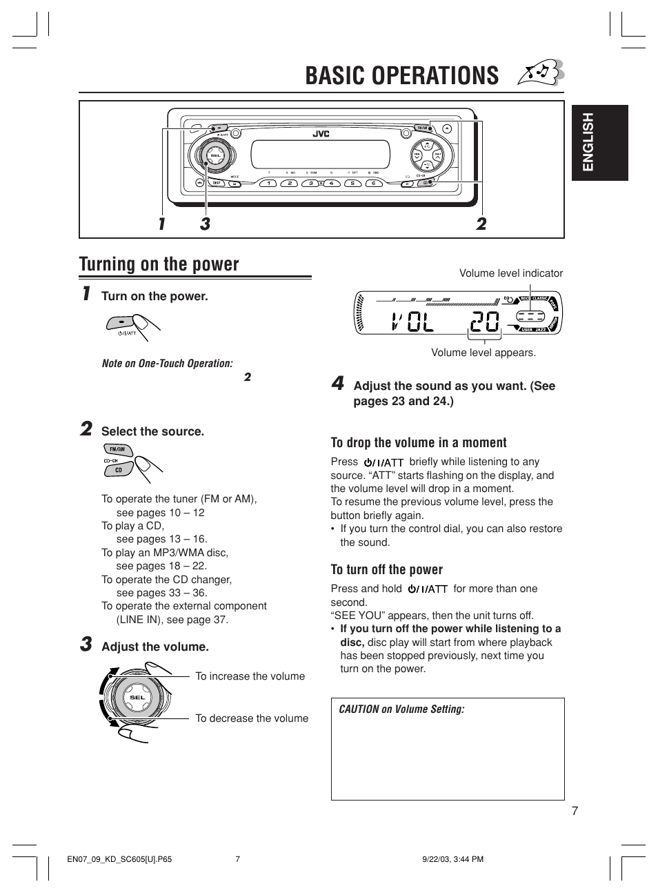 Basic operations, Turning on the power 1 | JVC GET0188-001A User Manual | Page 7 / 47
