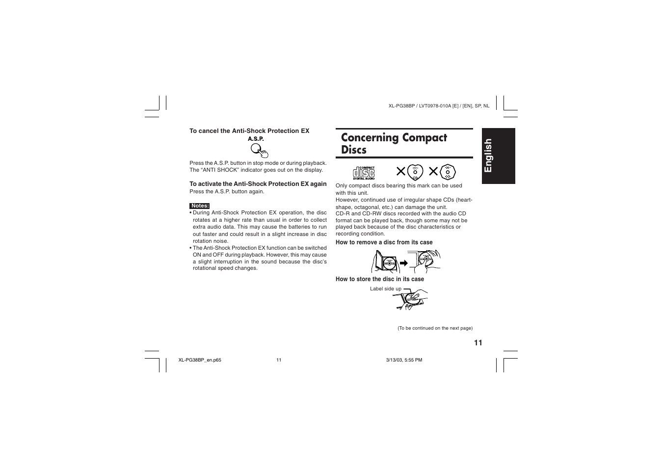 Concerning compact discs, English español nederlands | JVC XL-PG38BP User Manual | Page 15 / 21