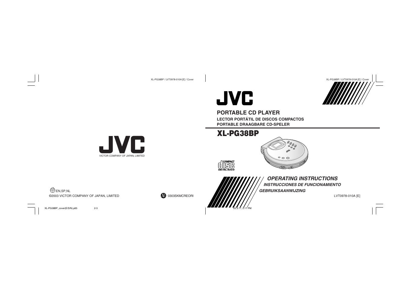 Xl-pg38bp, Operating instructions, Portable cd player | JVC XL-PG38BP User Manual | Page 21 / 21
