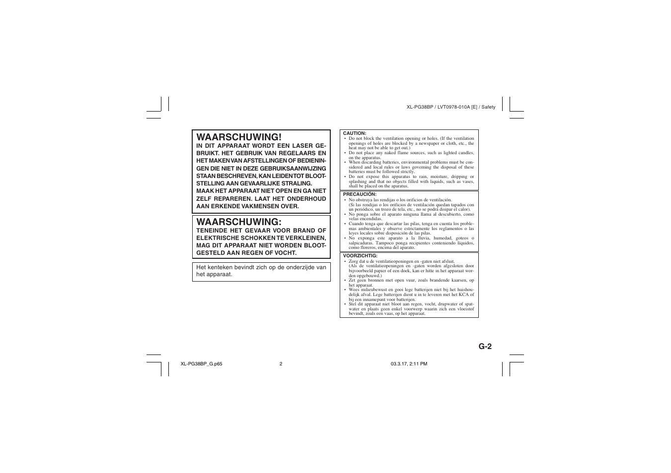 Waarschuwing | JVC XL-PG38BP User Manual | Page 3 / 21