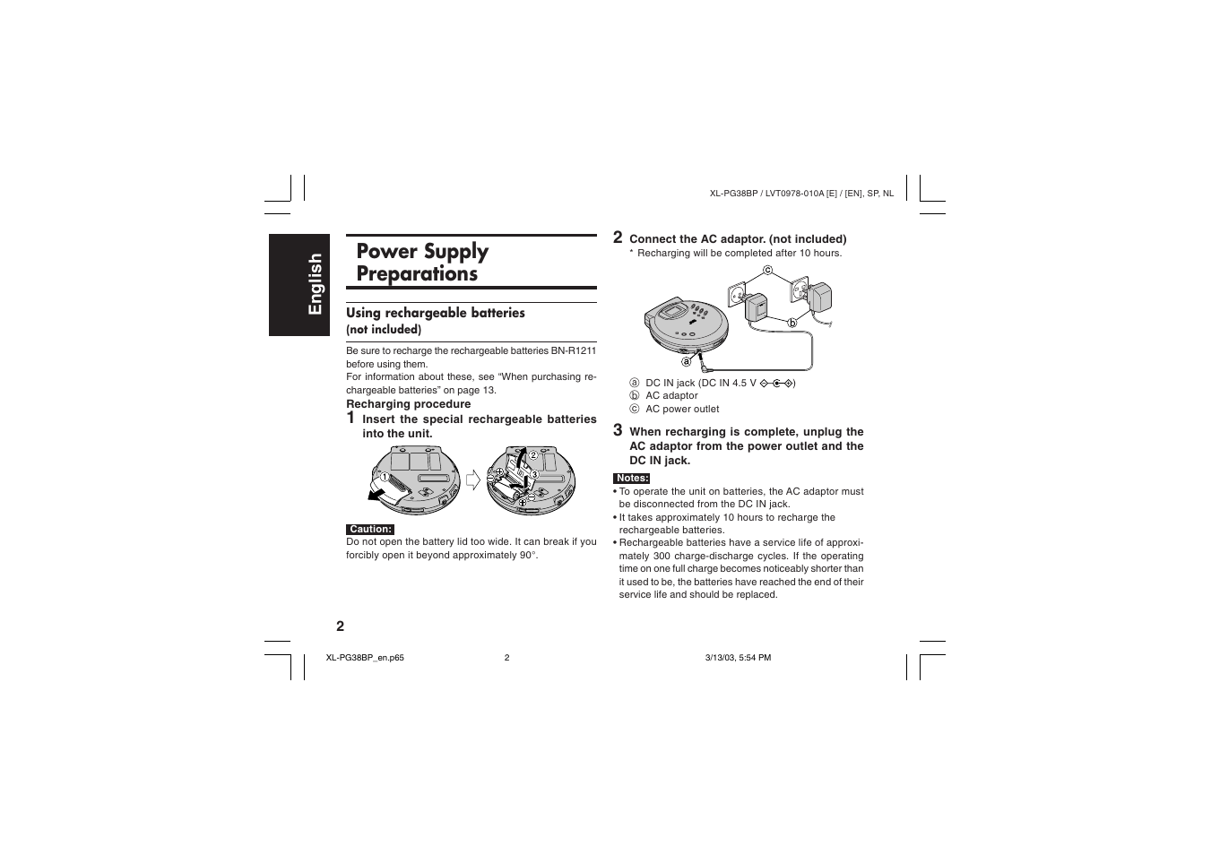 Power supply preparations, English español nederlands | JVC XL-PG38BP User Manual | Page 6 / 21