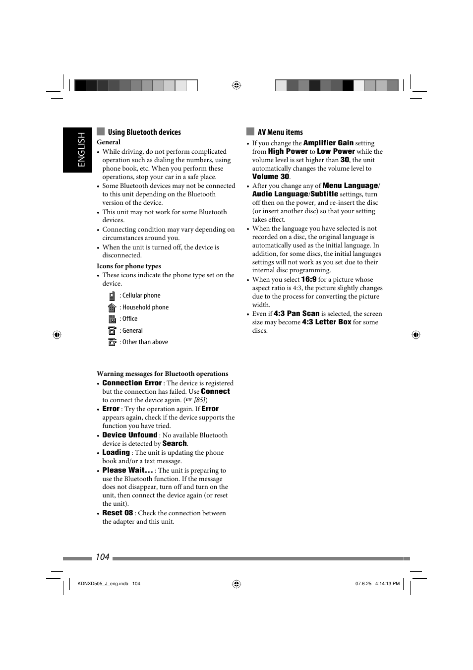 English 104 | JVC KD-NXD505J User Manual | Page 104 / 357