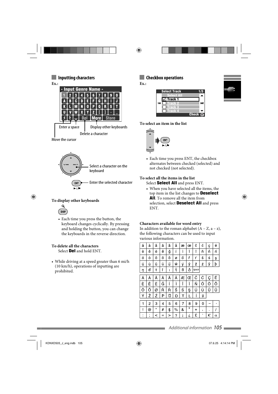 Inputting characters, Checkbox operations | JVC KD-NXD505J User Manual | Page 105 / 357