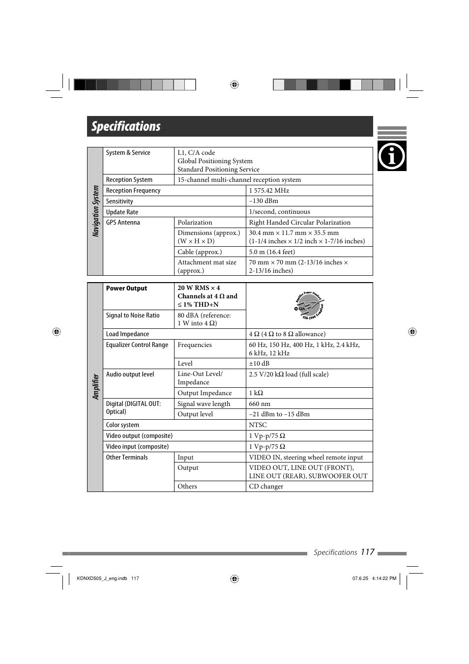 Specifications | JVC KD-NXD505J User Manual | Page 117 / 357