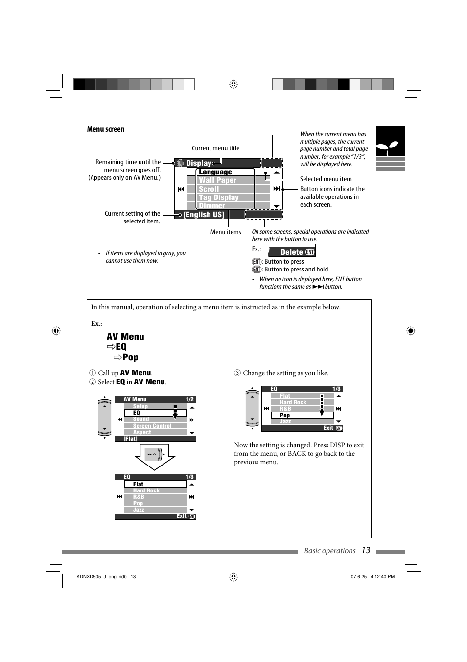 Menu screen, Av menu ] eq ] pop | JVC KD-NXD505J User Manual | Page 13 / 357