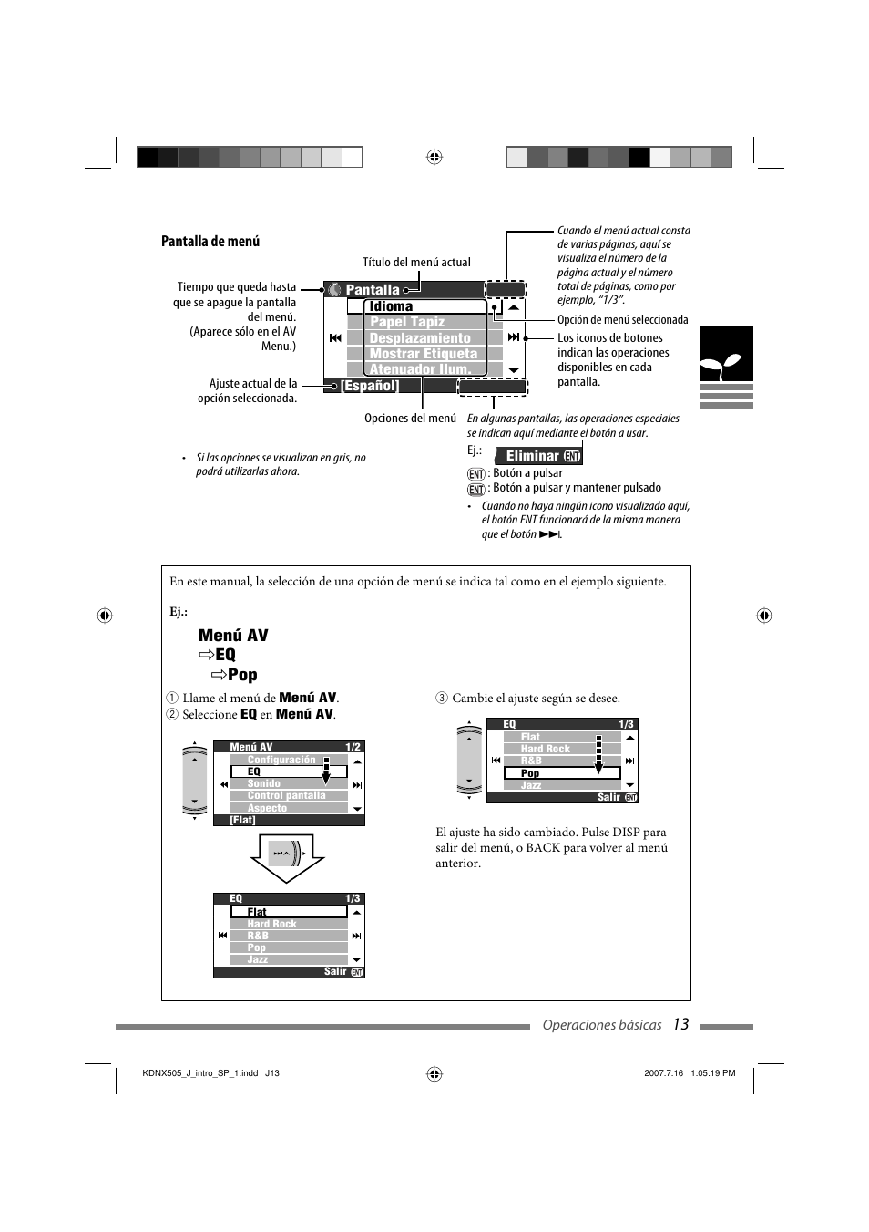 Pantalla de menú, Menú av ] eq ] pop | JVC KD-NXD505J User Manual | Page 131 / 357