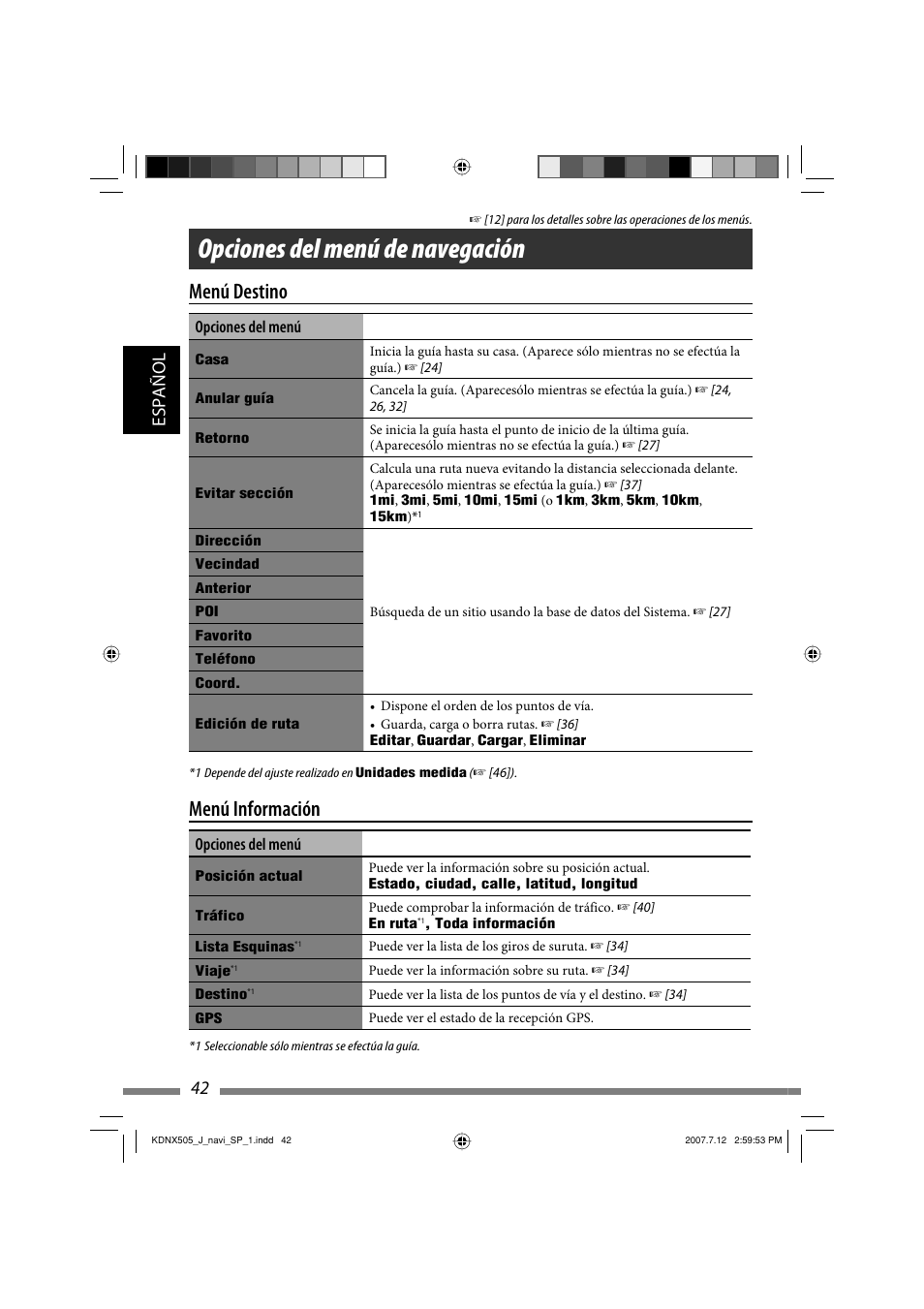 Opciones del menú de navegación, Menú destino, Menú información | 42 español | JVC KD-NXD505J User Manual | Page 160 / 357
