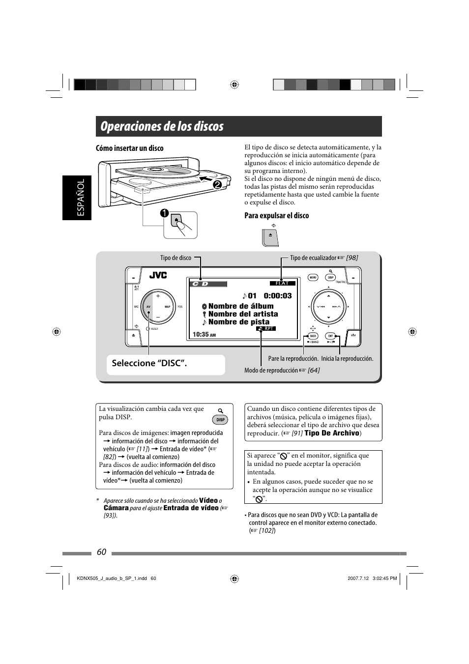 Operaciones de los discos, Español 60, Seleccione “disc | JVC KD-NXD505J User Manual | Page 178 / 357