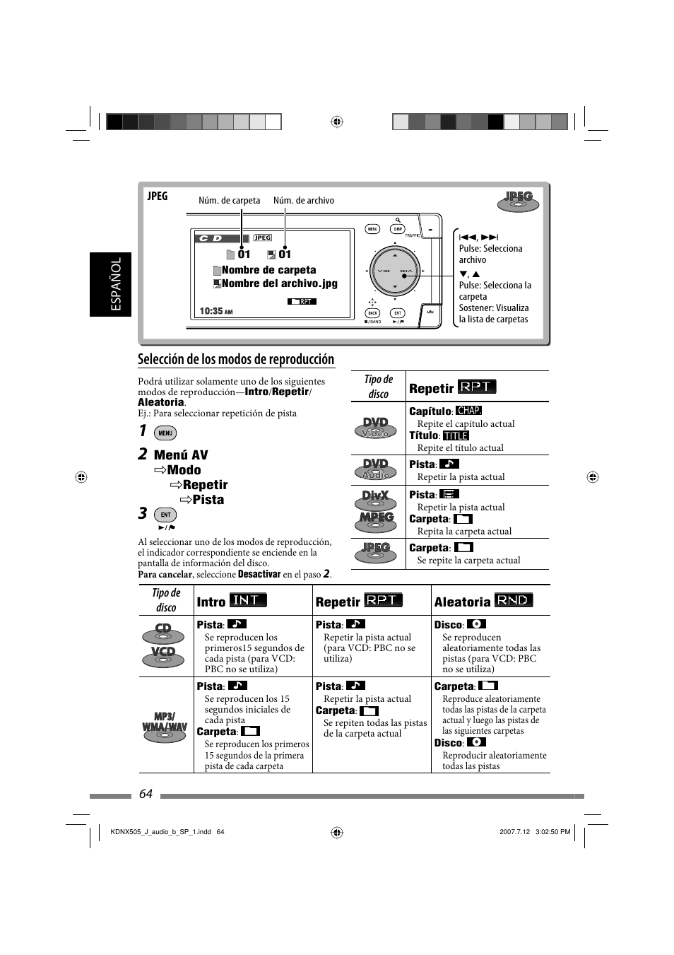 Selección de los modos de reproducción, Español 64 | JVC KD-NXD505J User Manual | Page 182 / 357