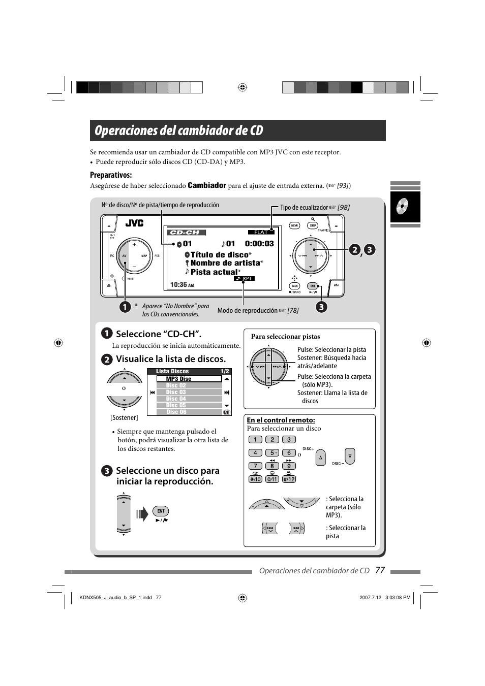 Operaciones del cambiador de cd, Seleccione “cd-ch, Visualice la lista de discos | Seleccione un disco para iniciar la reproducción | JVC KD-NXD505J User Manual | Page 195 / 357