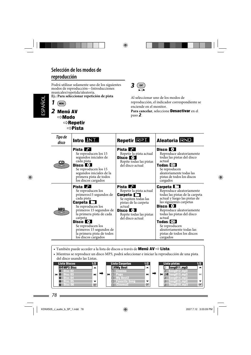 Selección de los modos de reproducción, Español 78 | JVC KD-NXD505J User Manual | Page 196 / 357