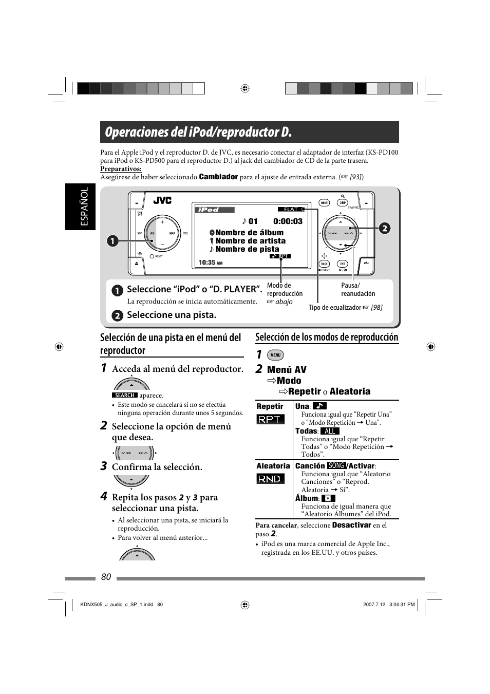 Operaciones del ipod/reproductor d, Selección de los modos de reproducción, Selección de una pista en el menú del reproductor | JVC KD-NXD505J User Manual | Page 198 / 357