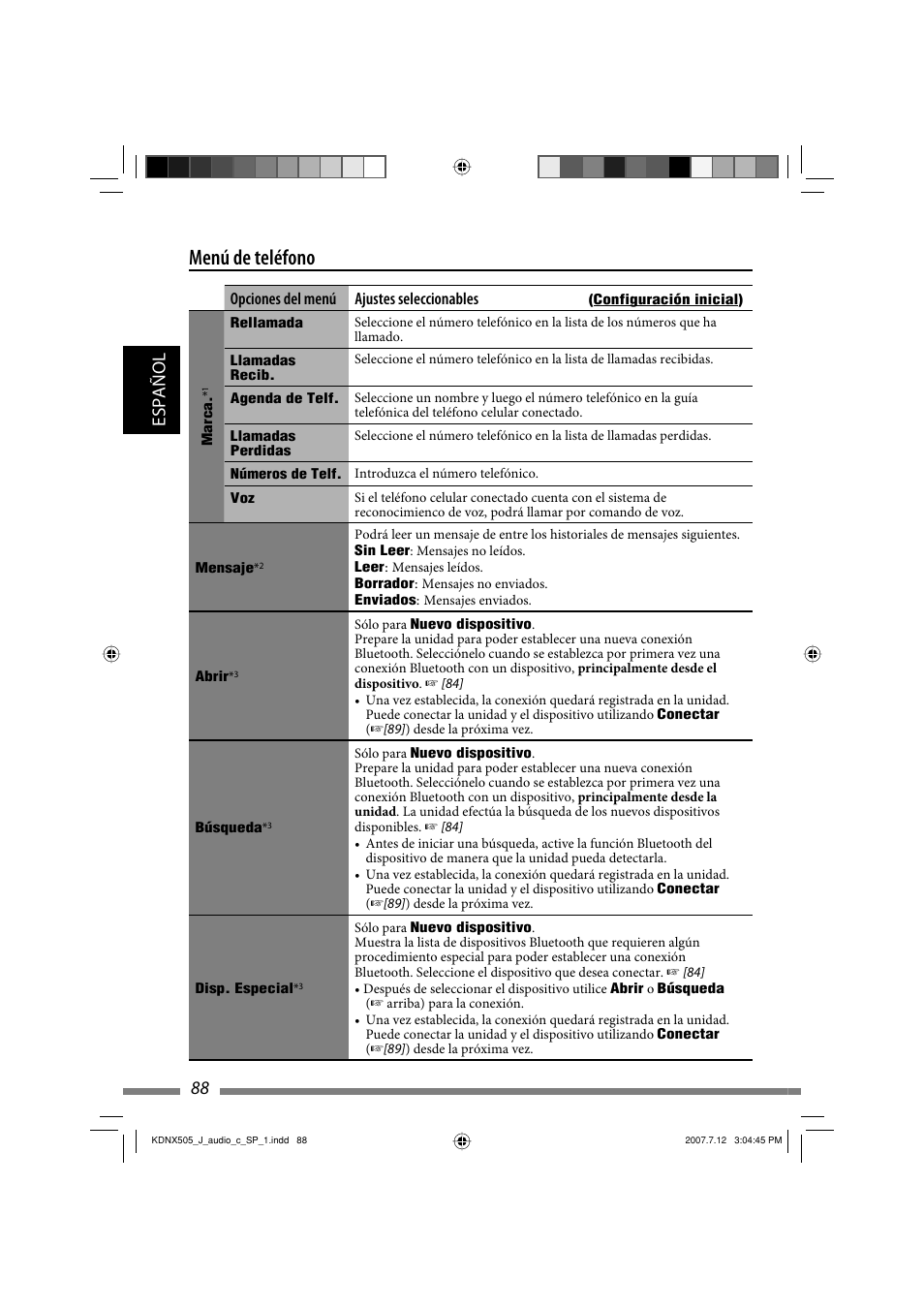 Menú de teléfono, Español 88, Opciones del menú ajustes seleccionables | JVC KD-NXD505J User Manual | Page 206 / 357