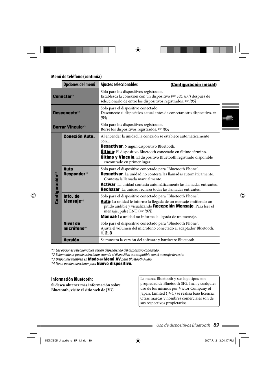 Opciones del menú ajustes seleccionables, Menú de teléfono (continúa) información bluetooth | JVC KD-NXD505J User Manual | Page 207 / 357