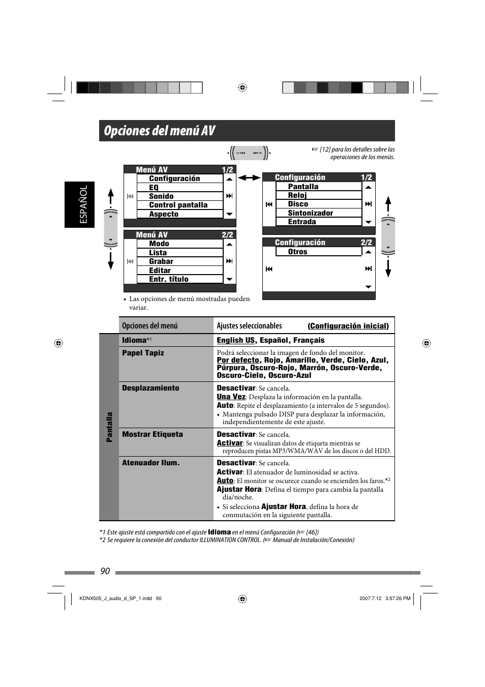 Opciones del menú av, Español 90 | JVC KD-NXD505J User Manual | Page 208 / 357