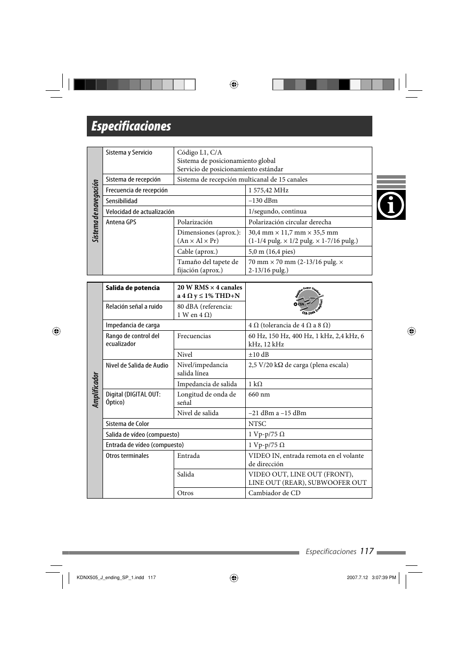 Especificaciones | JVC KD-NXD505J User Manual | Page 235 / 357