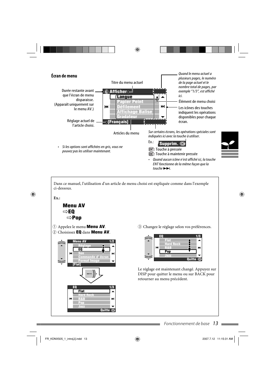 Écran de menu, Menu av ] eq ] pop | JVC KD-NXD505J User Manual | Page 249 / 357