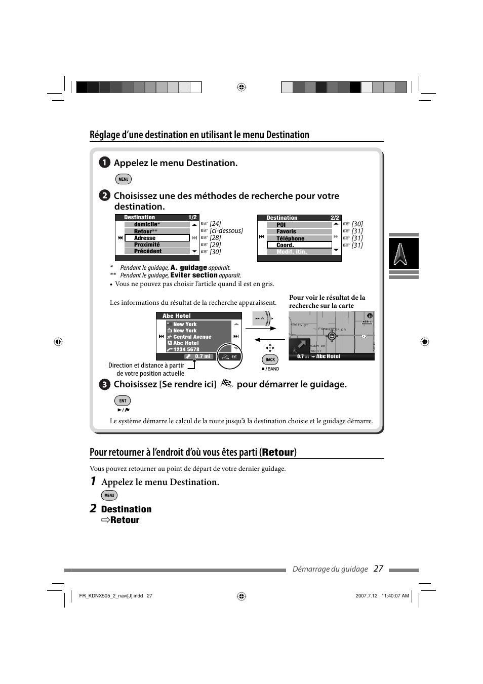 Pour retourner à l’endroit d’où vous êtes parti, Retour, Appelez le menu destination | JVC KD-NXD505J User Manual | Page 263 / 357