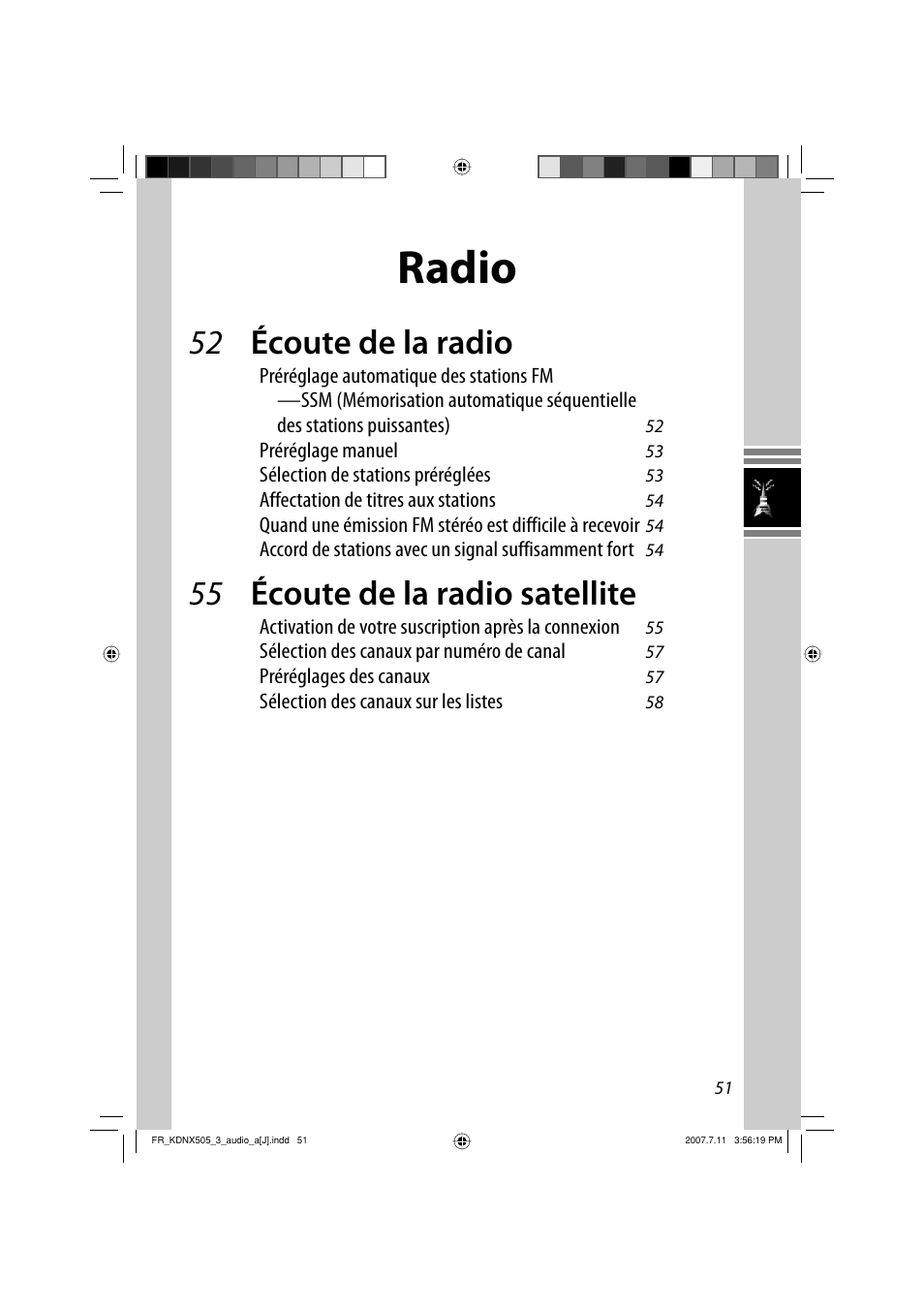 Radio, 52 écoute de la radio, 55 écoute de la radio satellite | JVC KD-NXD505J User Manual | Page 287 / 357