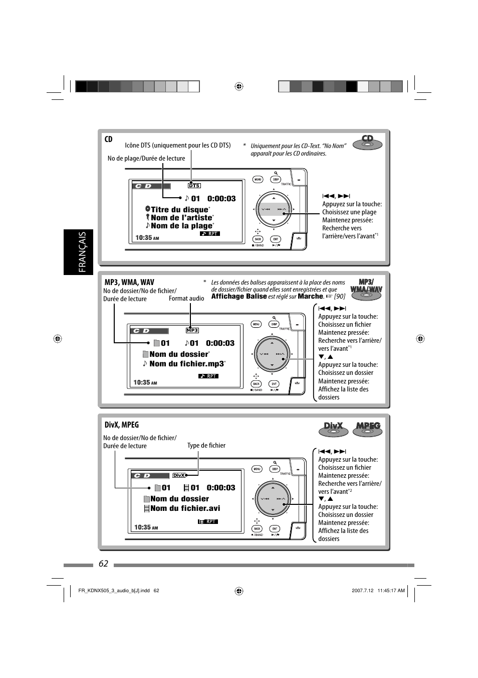 Français 62, Divx, mpeg mp3, wma, wav | JVC KD-NXD505J User Manual | Page 298 / 357