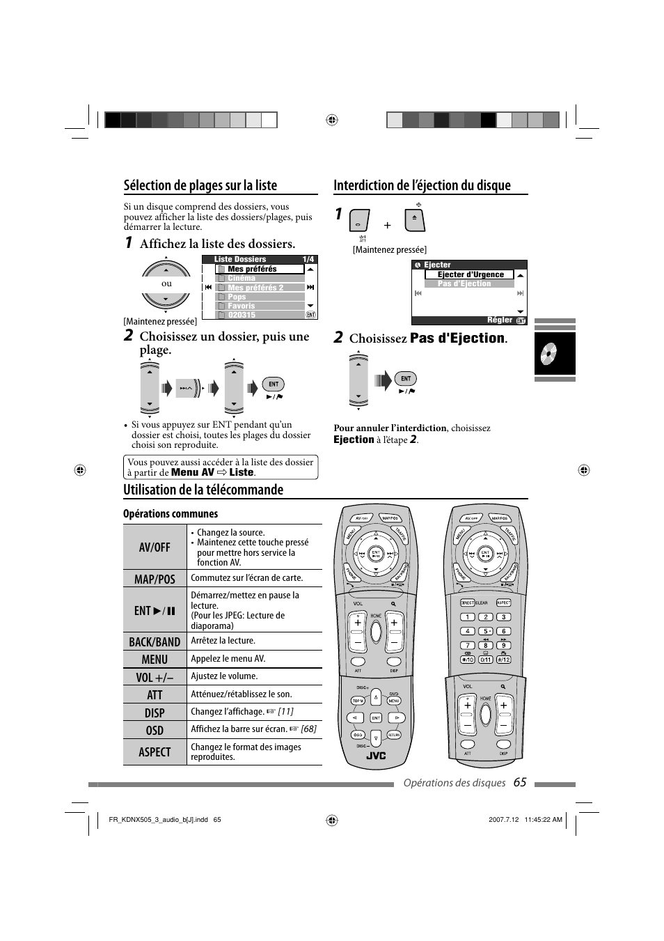 Interdiction de l’éjection du disque, Utilisation de la télécommande, Sélection de plages sur la liste | JVC KD-NXD505J User Manual | Page 301 / 357