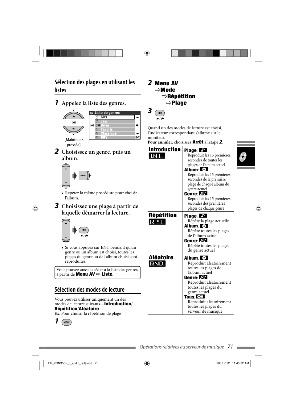 Sélection des plages en utilisant les listes, Sélection des modes de lecture | JVC KD-NXD505J User Manual | Page 307 / 357