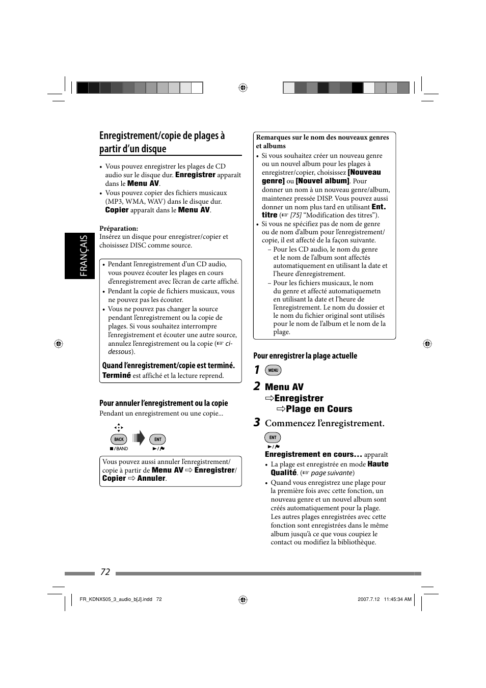 Français 72, Commencez l’enregistrement | JVC KD-NXD505J User Manual | Page 308 / 357