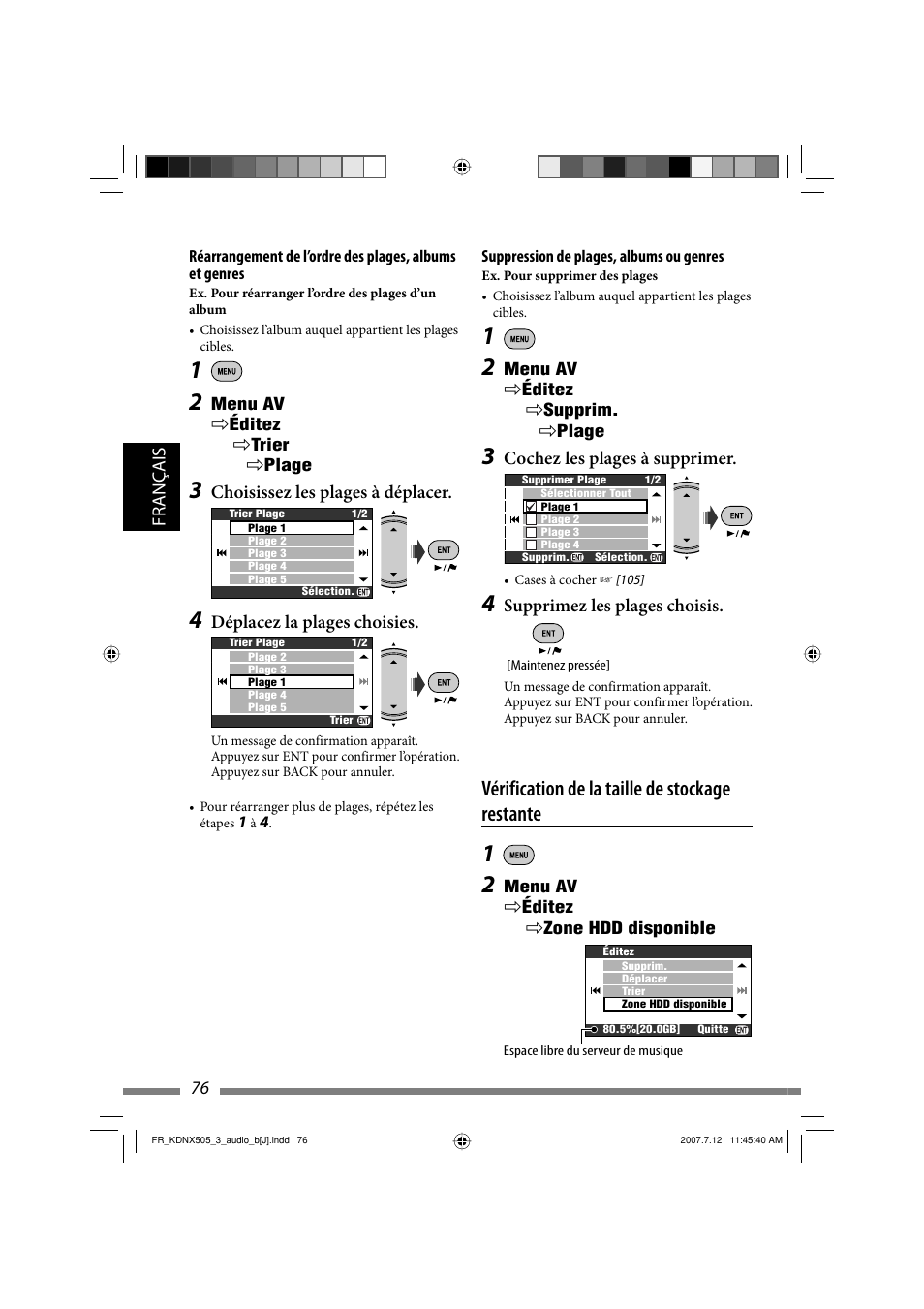 Vérification de la taille de stockage restante, Français 76, Cochez les plages à supprimer | Supprimez les plages choisis, Choisissez les plages à déplacer, Déplacez la plages choisies | JVC KD-NXD505J User Manual | Page 312 / 357