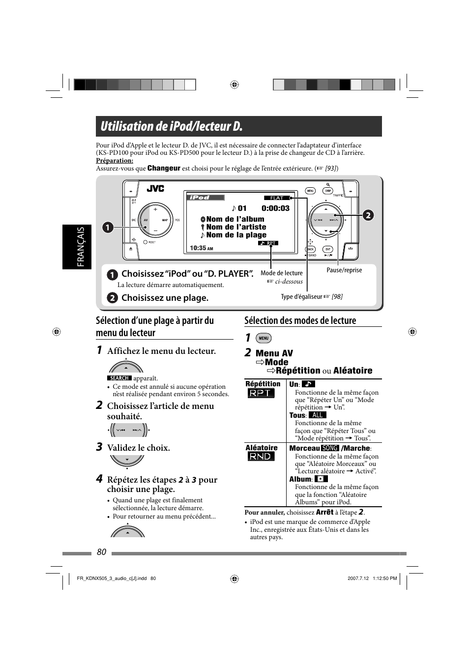 Utilisation de ipod/lecteur d, Sélection des modes de lecture, Sélection d’une plage à partir du menu du lecteur | JVC KD-NXD505J User Manual | Page 316 / 357