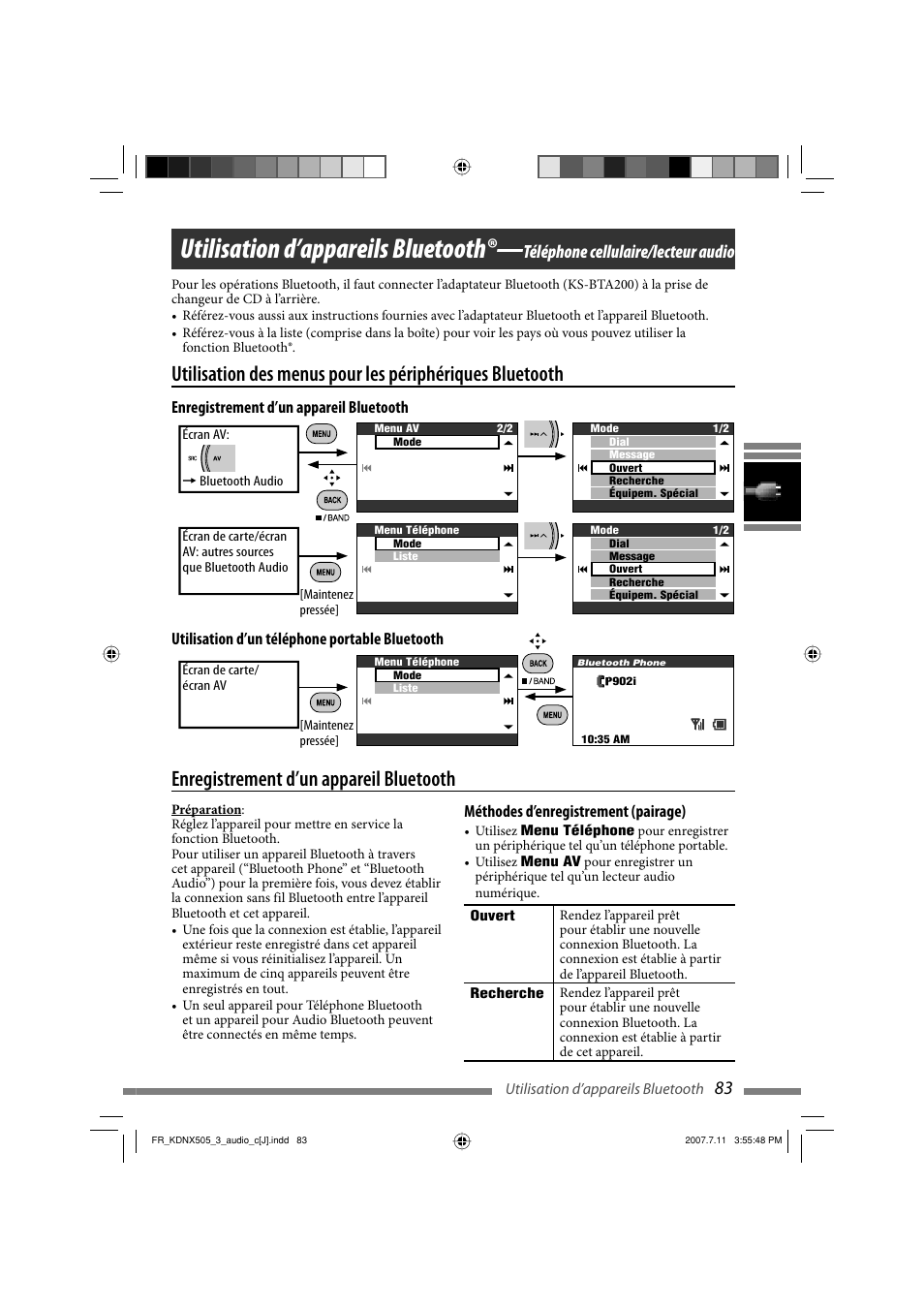 Utilisation d’appareils bluetooth, Téléphone cellulaire/lecteur audio, Méthodes d’enregistrement (pairage) | JVC KD-NXD505J User Manual | Page 319 / 357