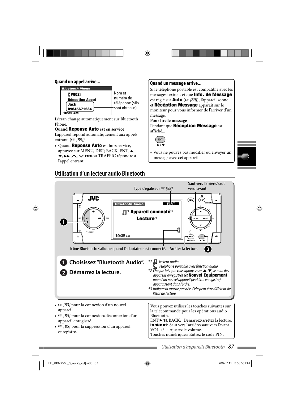 Utilisation d’un lecteur audio bluetooth, Quand un appel arrive, Quand un message arrive | JVC KD-NXD505J User Manual | Page 323 / 357