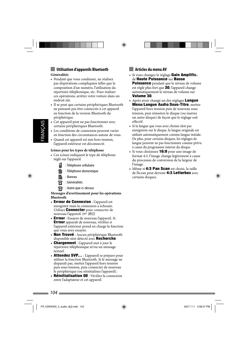 Français 104 | JVC KD-NXD505J User Manual | Page 340 / 357