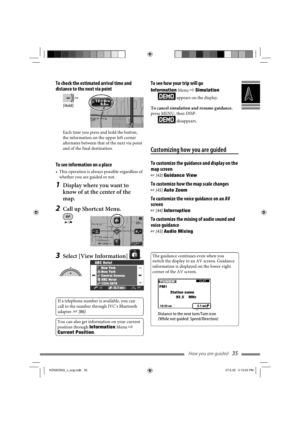 Customizing how you are guided, Call up shortcut menu, Select [view information | JVC KD-NXD505J User Manual | Page 35 / 357